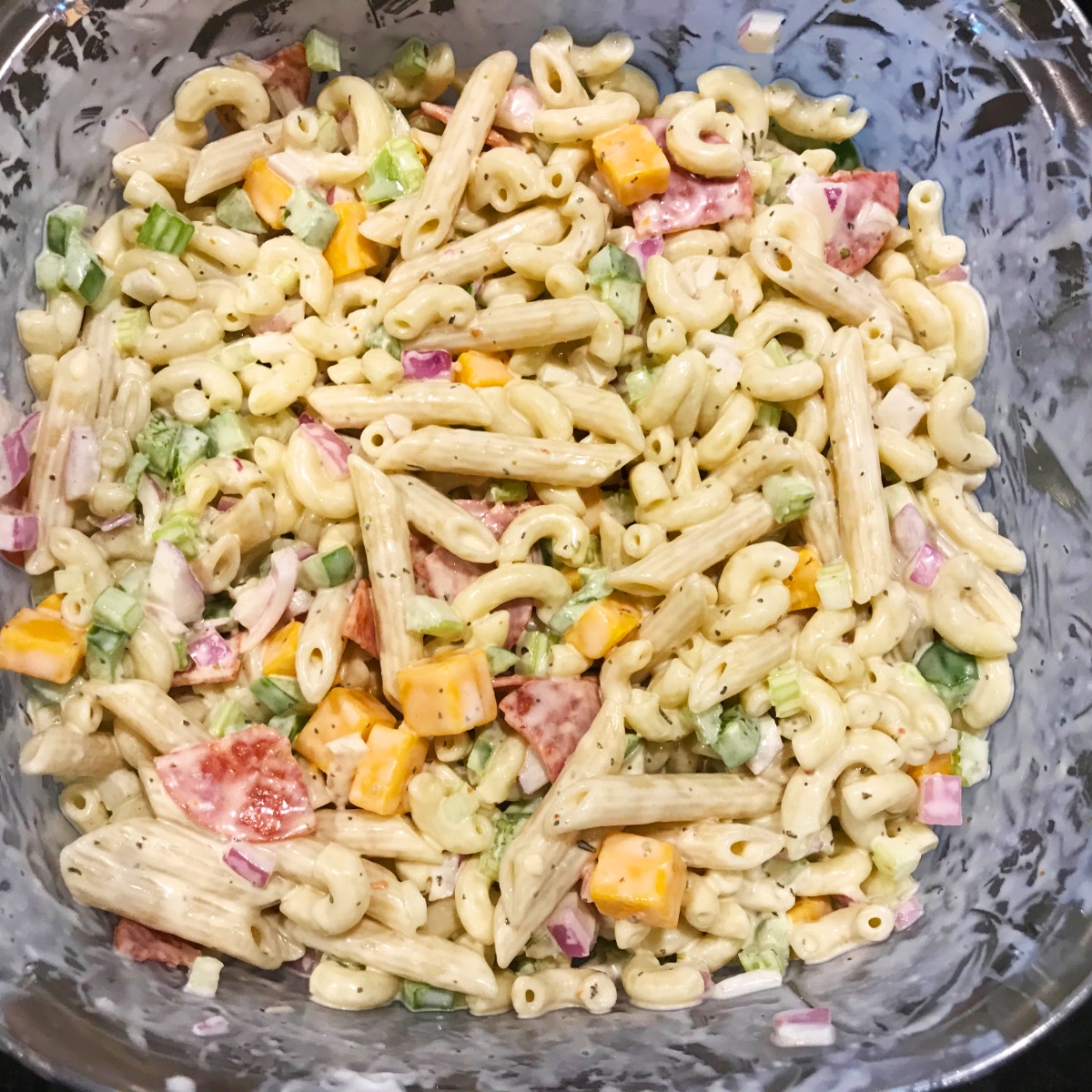overhead picture of finished creamy pasta salad