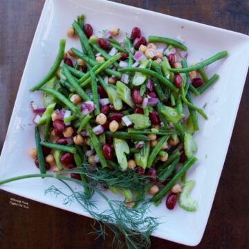 Tangy 3-Bean Salad on a white serving dish with a sprig of dill.