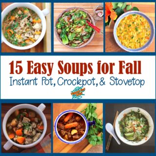 Easy Soups for Fall: a collage of soups featuring (clockwise from upper left): Soul-Warming Barley Vegetable Soup, Instant-Pot Vegetable Pho, Lemon-Turmeric Chicken Orzo Soup, Pressure-Cooker Pho Ga, Make-Ahead Irish Guinness Stew, and Caldillo (Green Chile Pork Stew).