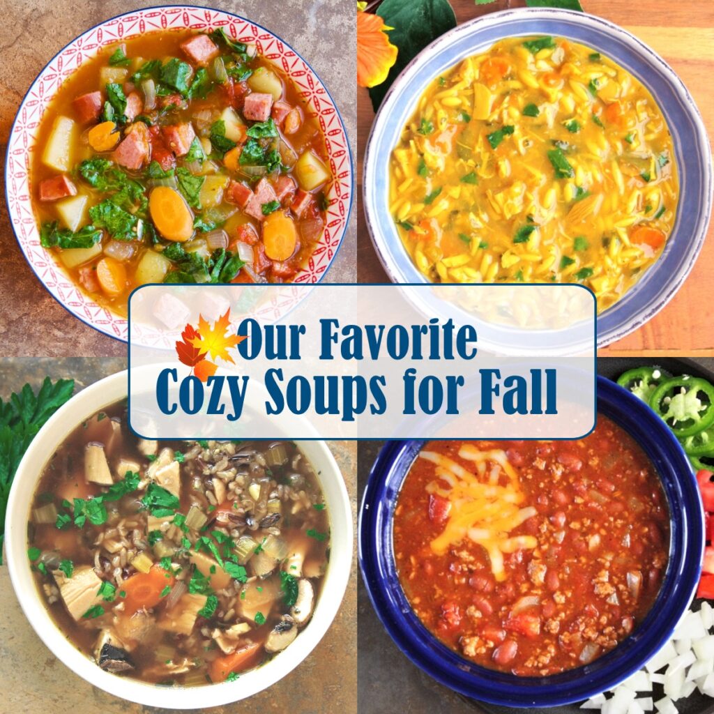 Our Favorite Falls Soups. Clockwise from top left: Sausage, Kale, and Potato Soup; Lemon-Turmeric Chicken Orzo Soup; Easy Turkey Chili; Turkey and Wild Rice Soup.