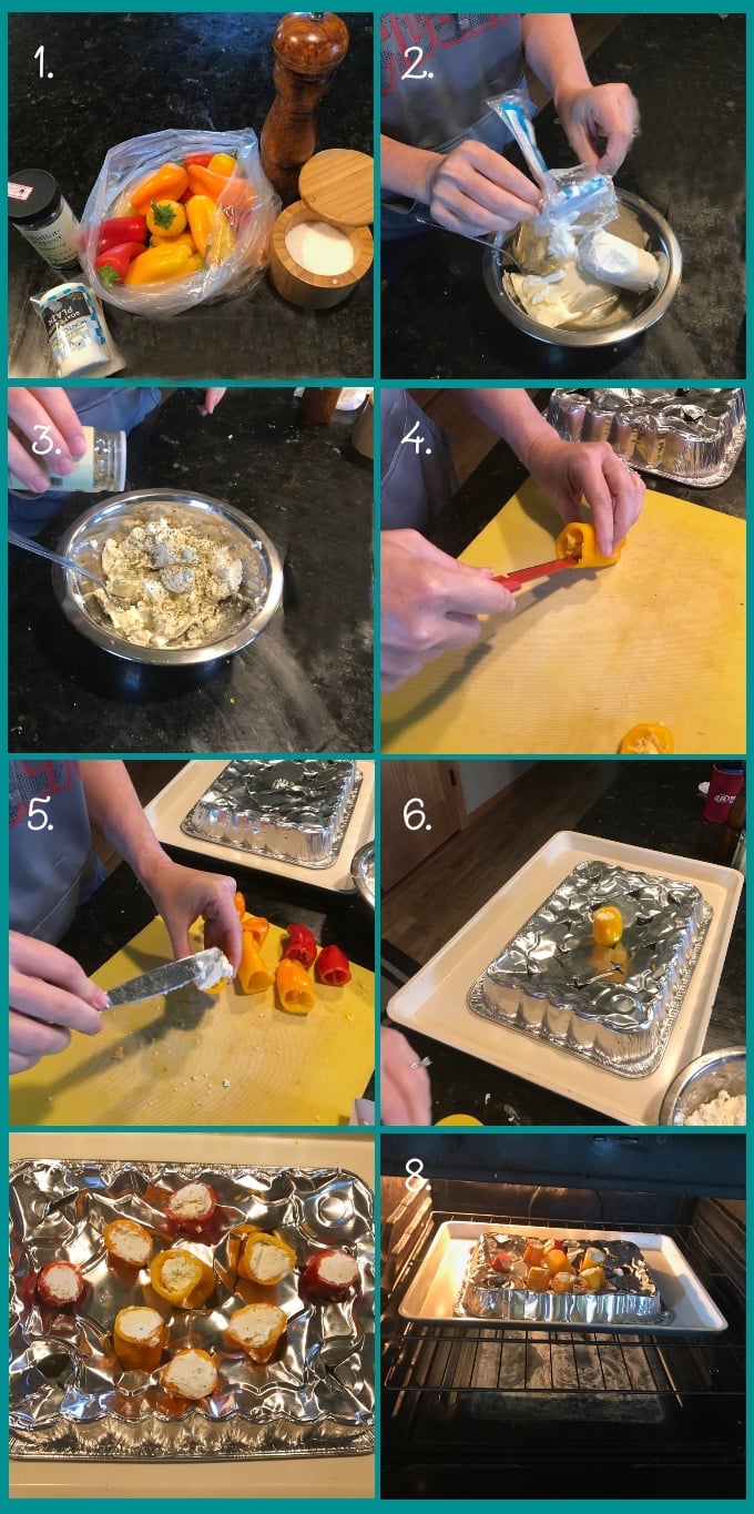 Preparing Mini Sweet Peppers Stuffed with Goat Cheese: 1. Ingredients: 1 lb mini sweet peppers, 8 oz goat cheese, dried seasoning mix, freshly ground black pepper, kosher salt. 2. Add cheese to a mixing bowl. 3. Add seasoning mix, salt, and pepper. 3. Mix well. 4. Slice the tops off the peppers and remove seeds and membranes with a paring knife. 5. Add a teaspoon of herbed goat cheese, pushing into the pepper with a butterknife or the handle of a spoon. 6. Place prepared peppers into a roasting rack or muffin tin, 7. 8. Bake at 400º for 10 minutes.