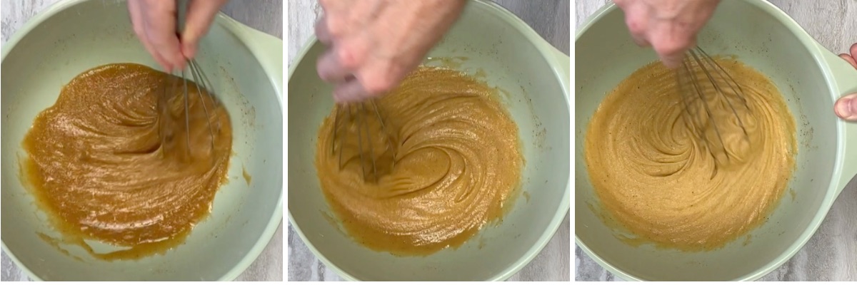 Three mixing bowl mages each detailing how the sugar butter mixture changes color and texture after each of the three mixing stages