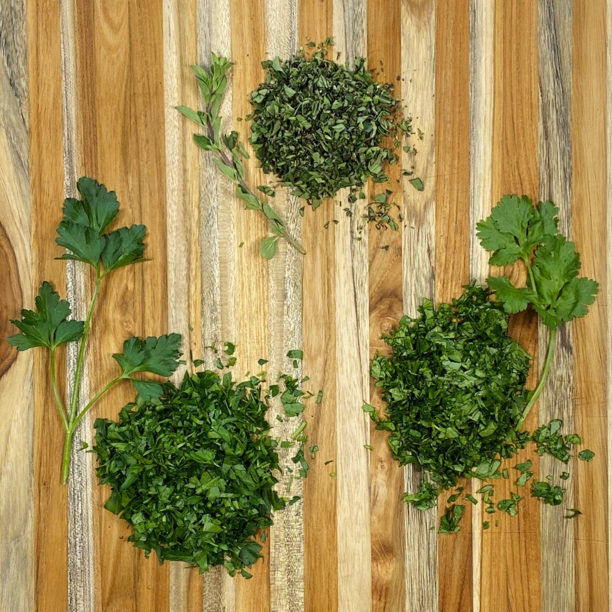 The herbs for the chimichurri sauce that will dress the pasta salad.