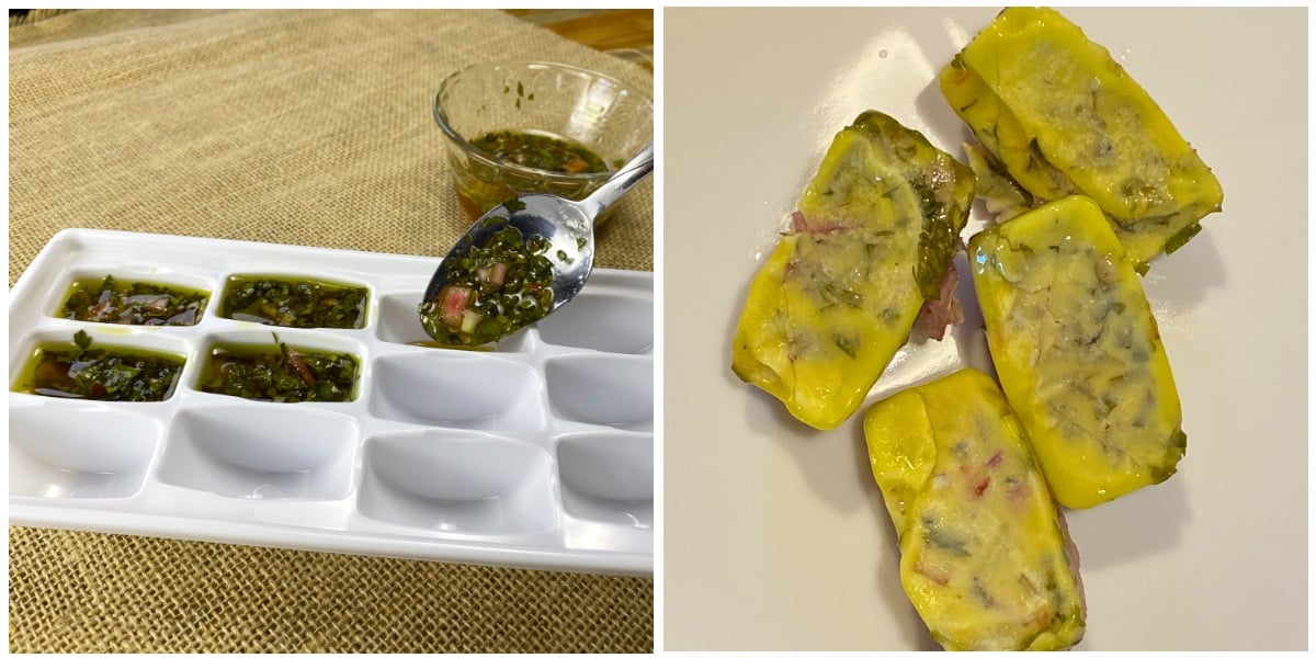 Freezing chimichurri sauce: left, adding the sauce to an ice cube tray. Right, the frozen cubes of chimichurri, ready to individually wrap in plastic and replace in the freezer.