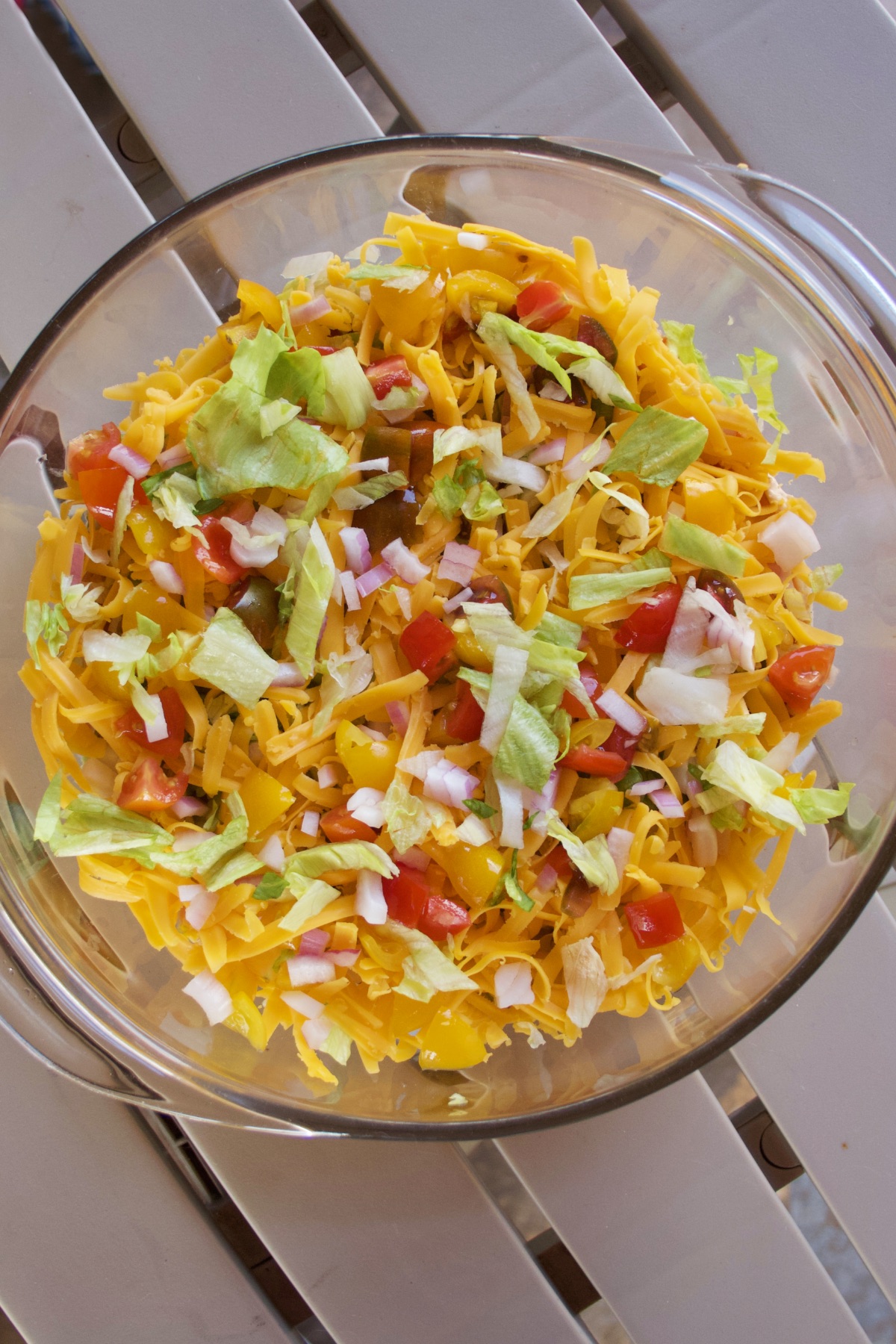 Phil's Taco Dip in a pyrex serving bowl.