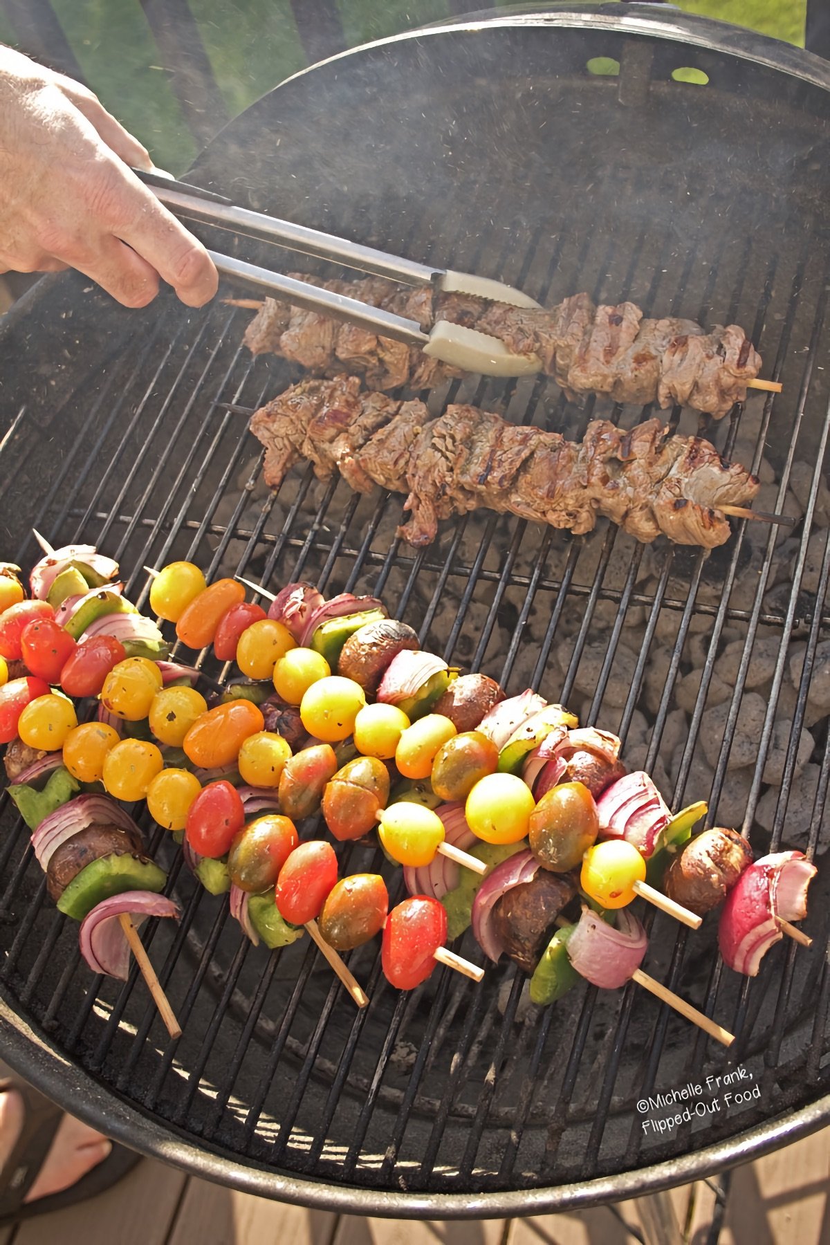 Marinated Beef Kebabs with Vegetables on the grill.