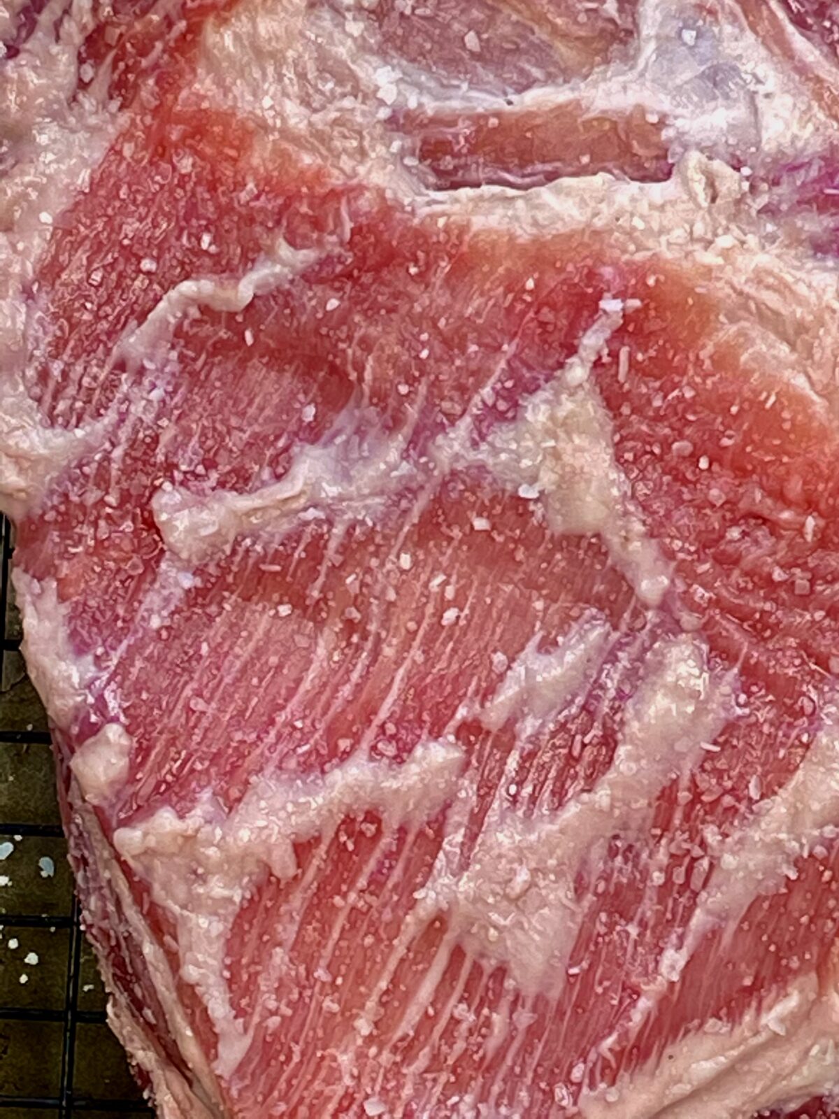 Close up top view of pre-salted (brined) pork butt showing much salt was applied.