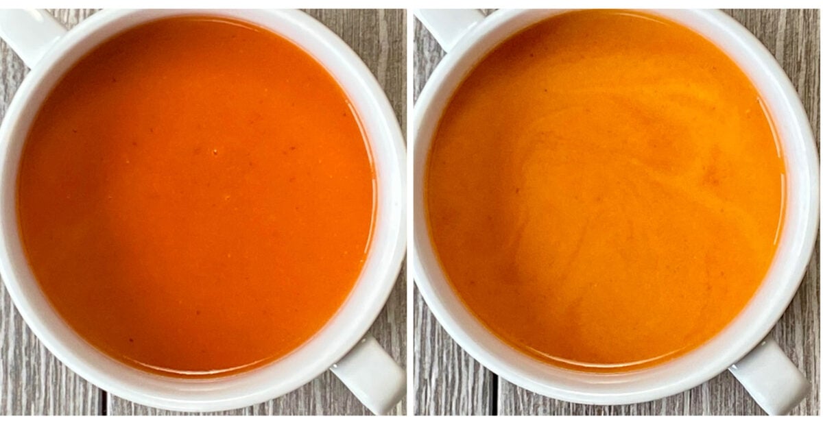 Both bowls of tomato soup shown here have ricotta cheese that was added to the bowl right before ladling in the fresh tomato soup. The bowl on the left is before stirring, and the bowl on the right shows the creamy soup after stirring.