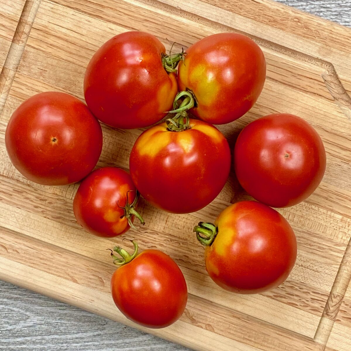 Top view of garden tomatoes on a cutting board that will soon used to make fresh tomato soup.