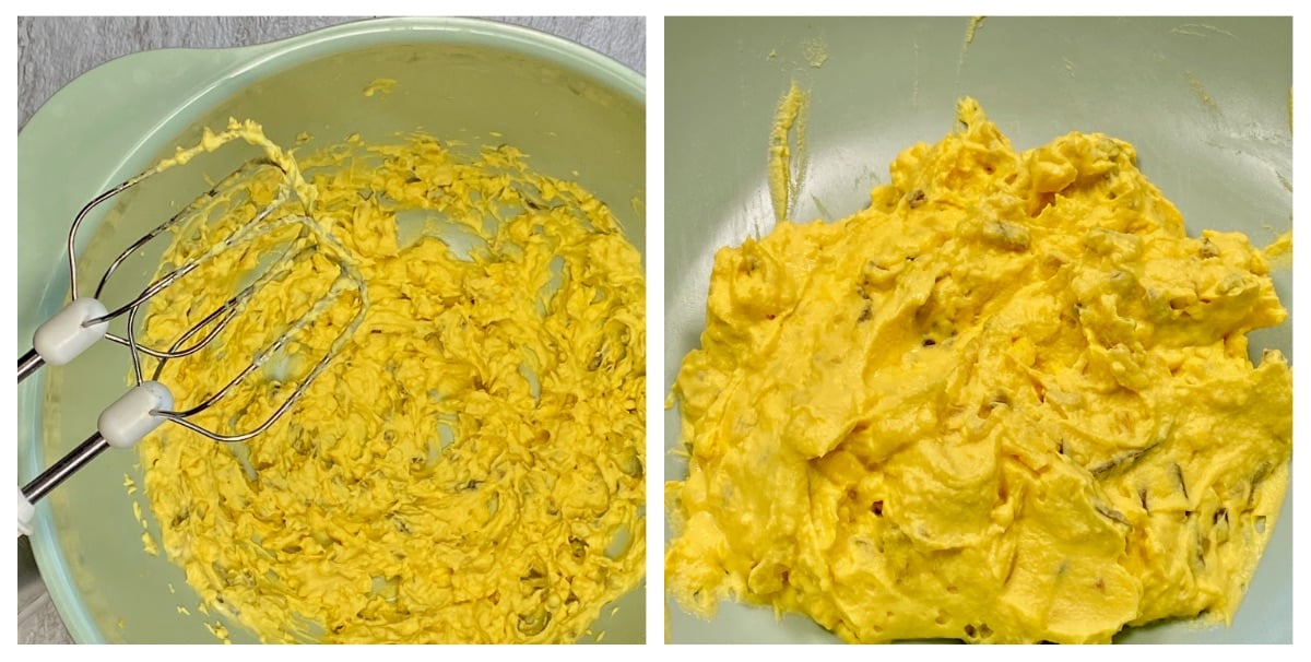 Overhead view of deviled eggs with relish mixture in a bowl after it has been thoroughly mixed with a hand mixer.