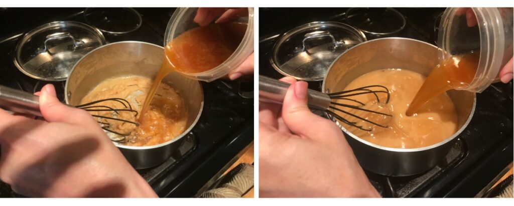 Adding hot turkey stock to the roux. On the left, I'm adding the stock very slowly to the roux, whisking until the stock is incorporated before adding more. On the right, the gravy is mostly liquid as I add the last bit of stock.