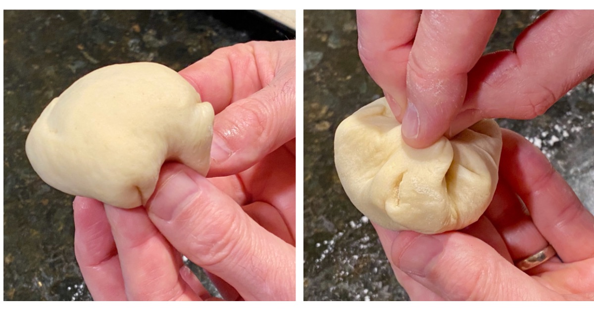 Making a dough ball from the squares. Left, folding the corners under. Right, turning the dough ball over to pinch and seal.