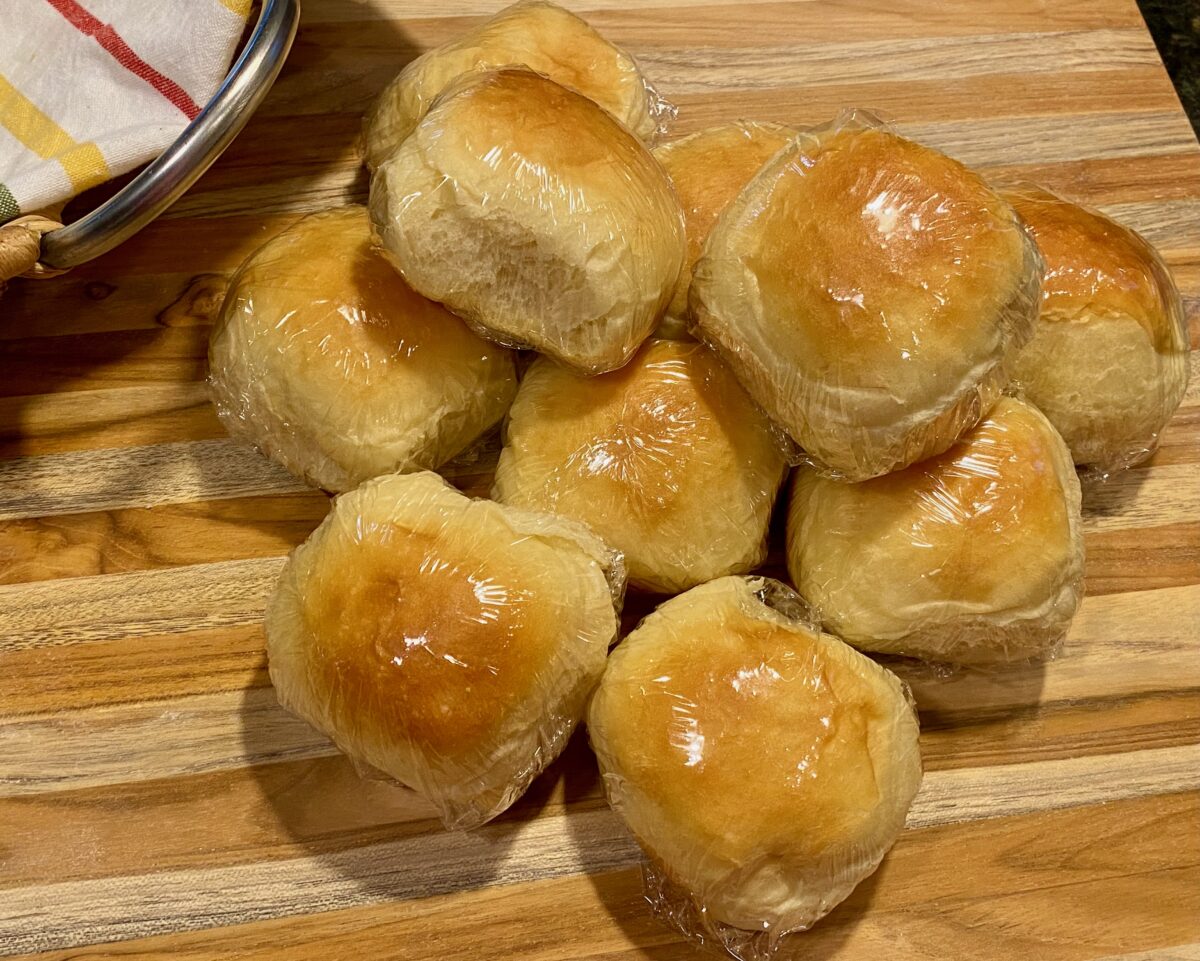 Individually wrapped dinner rolls.