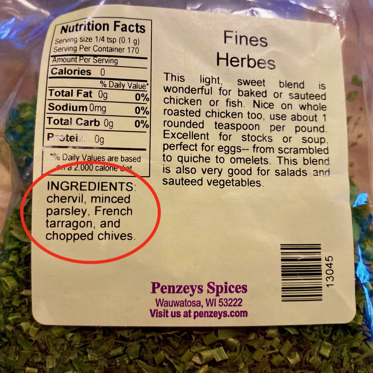 Close up view of the herb mixture package I use to make chicken salad with relish. The herb ingredients include: Chervil, minced parsley, tarragon, and chopped chives.