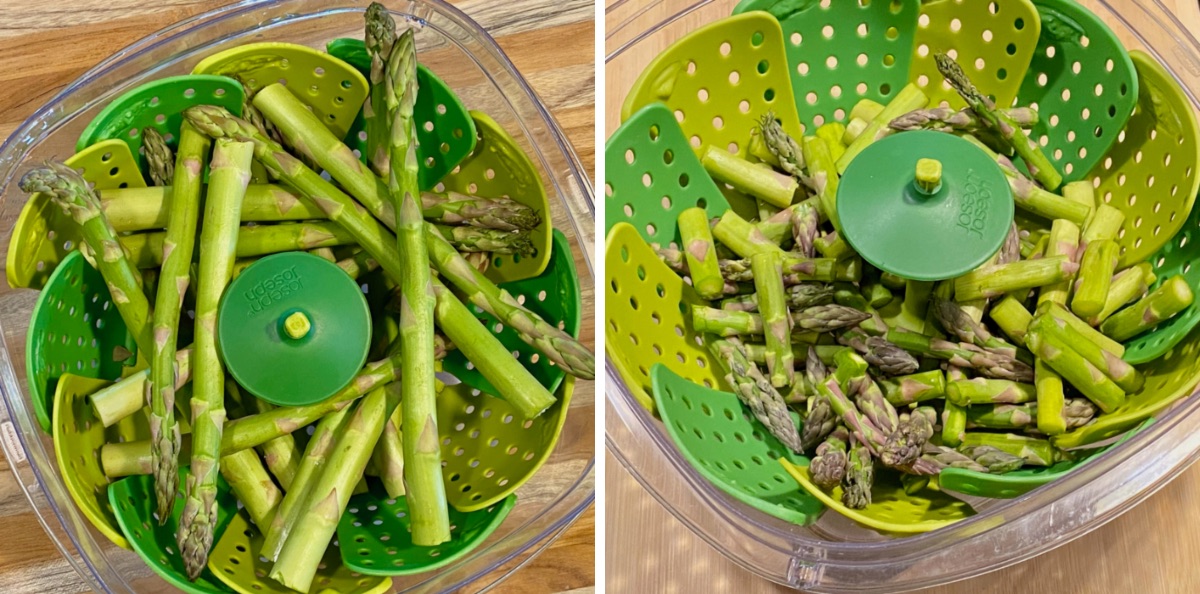 Left: asparagus spears arranged in a microwave steamer using a criss-cross pattern. Right: chopped asparagus arranged evenly in the steamer.