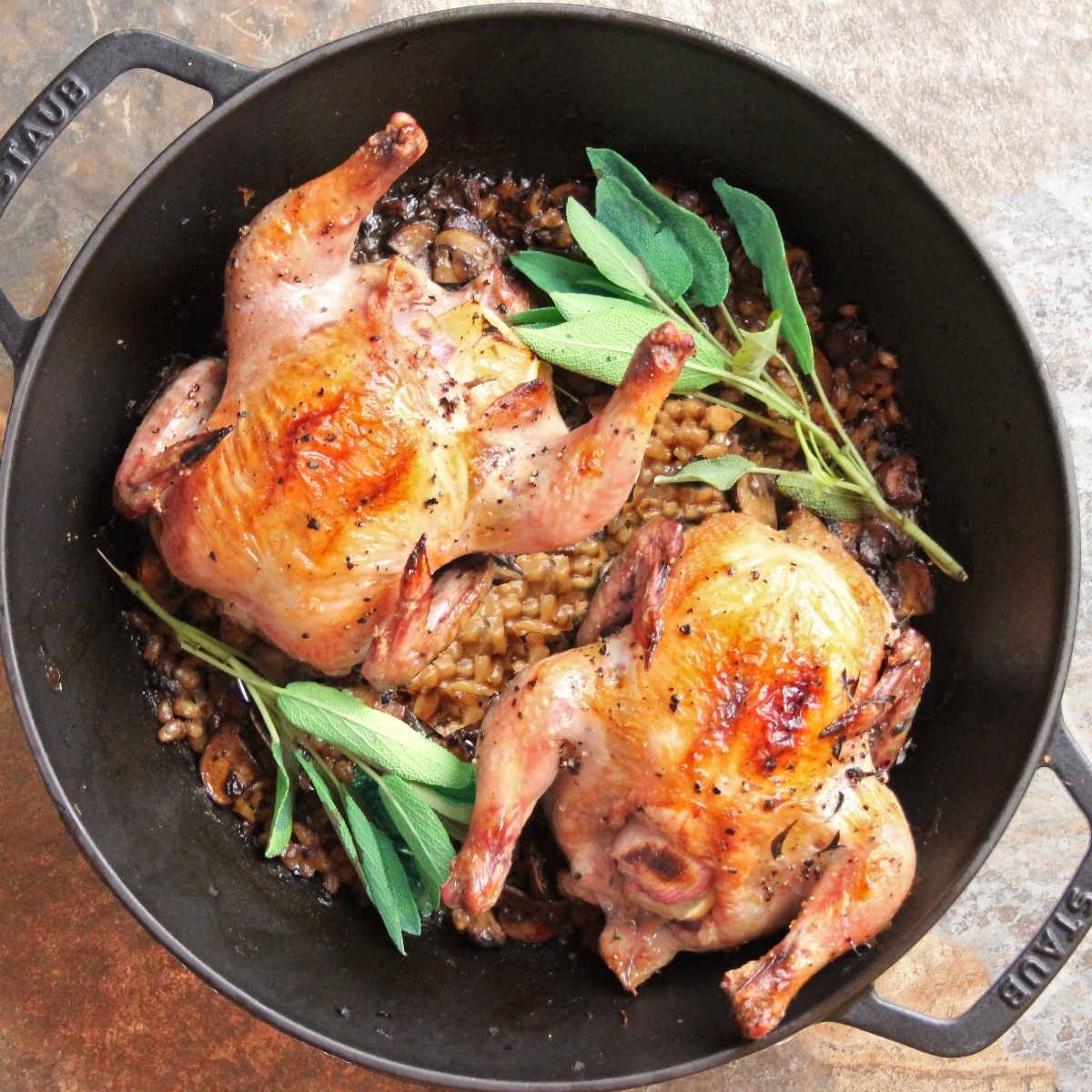 Two One-Pot Cornish Game Hens with Mushroom Barley Pilaf in a cast-iron skillet garnished with sprigs of sage.