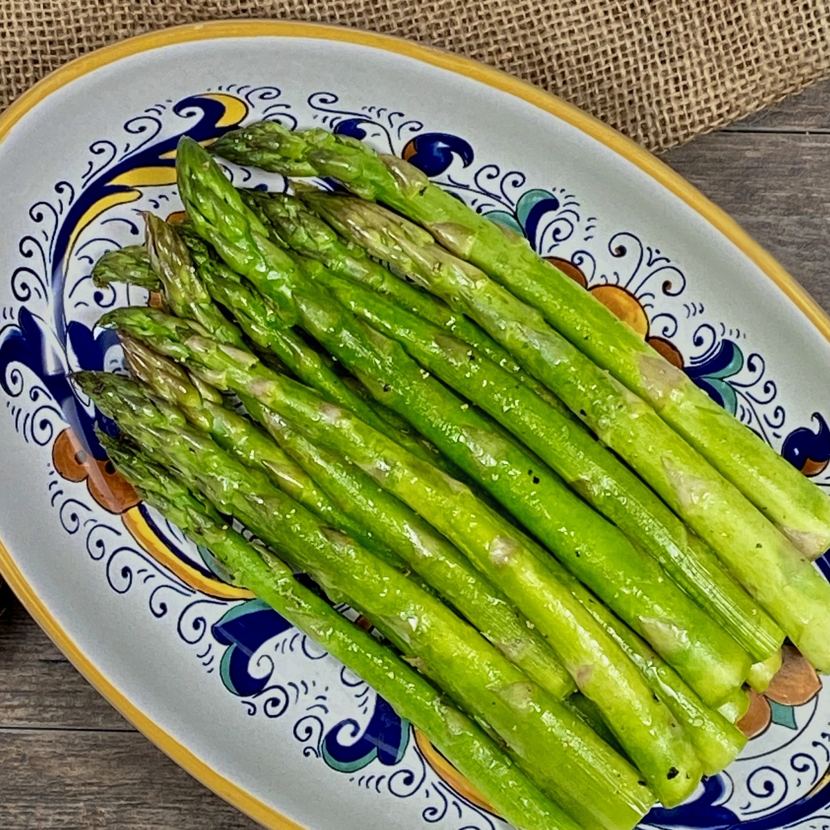 A platter of Microwave Asparagus, ready to serve.