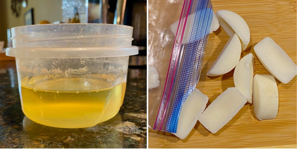 Always save the fat cap from the pork butt for making lard. Left, the liquid rendered lard after straining. Right, frozen cubes of lard after freezing in an ice cube tray. Bag these up in freezer backs and grab a cube of lard any time you need. They're great for building rich flavor into sauces and soups.