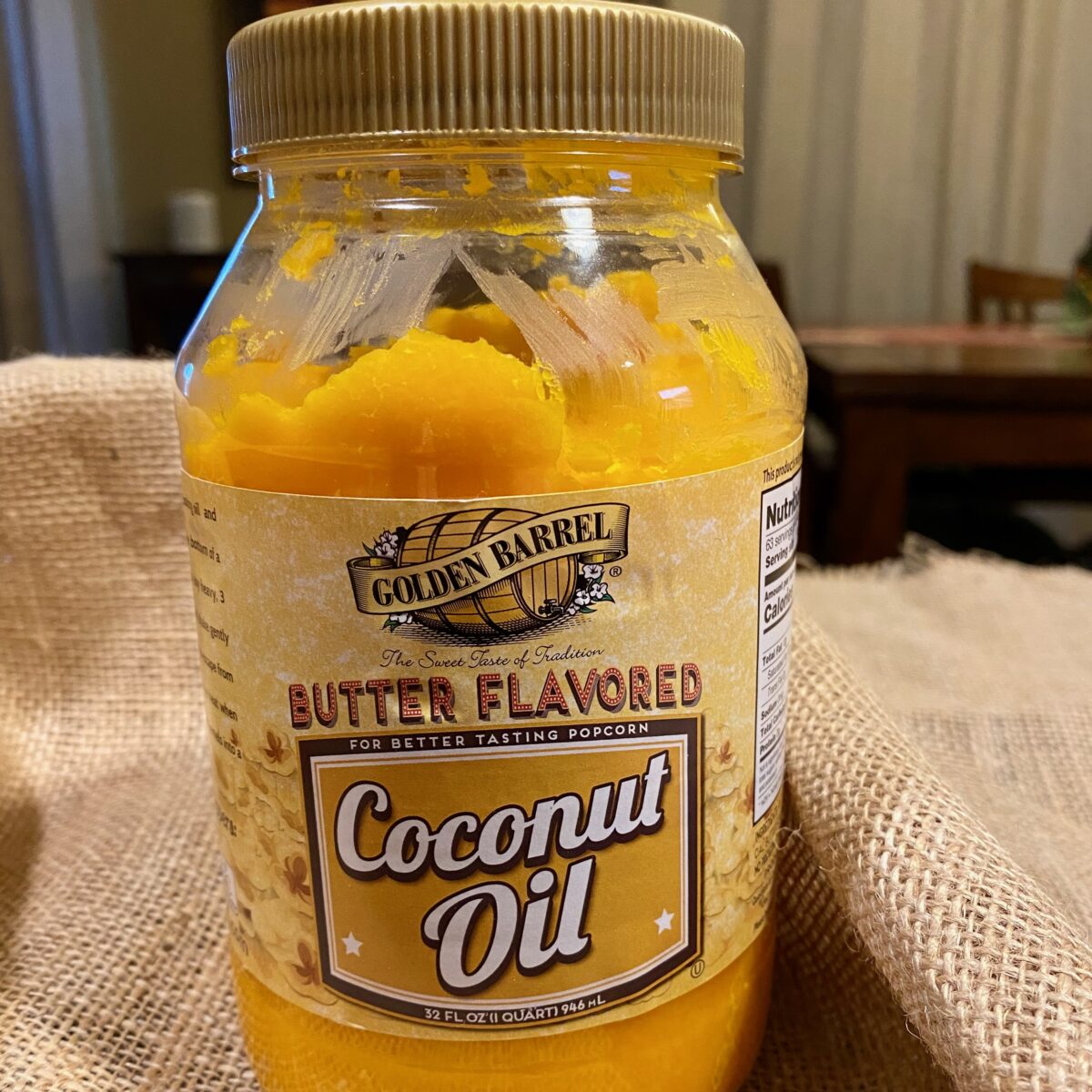 The butter-flavored coconut oil I use, Golden Barrel.