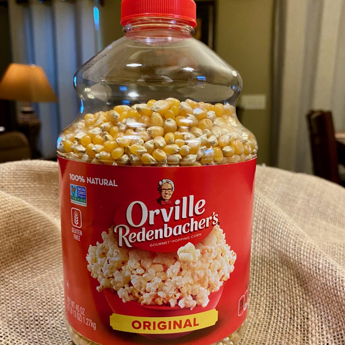 A container of Orville Redenbacher's Original gourmet popping corn, which is our favorite for making movie theater popcorn.