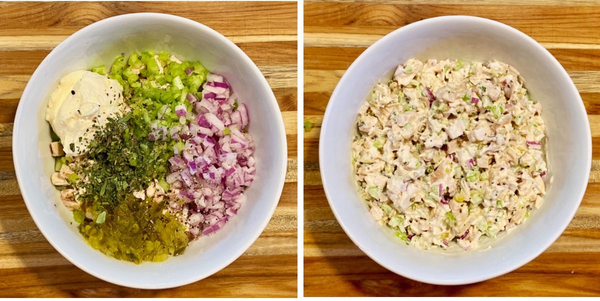 The ingredients for chicken salad with relish in a mixing bowl before (left) and after mixing (right).