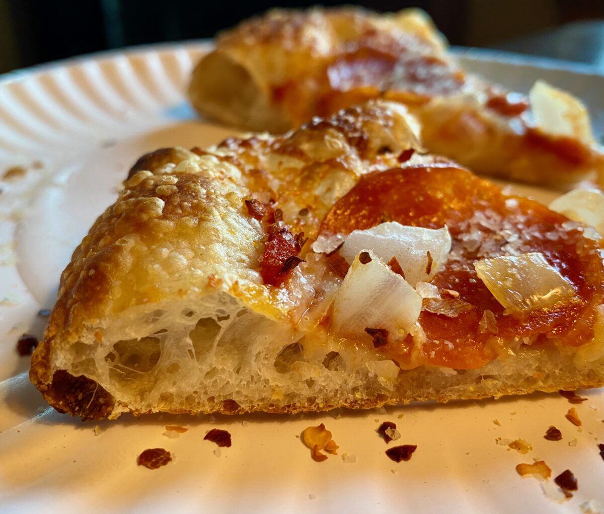 Close up side view of a slice of pizza. The crust is full of air pockets.