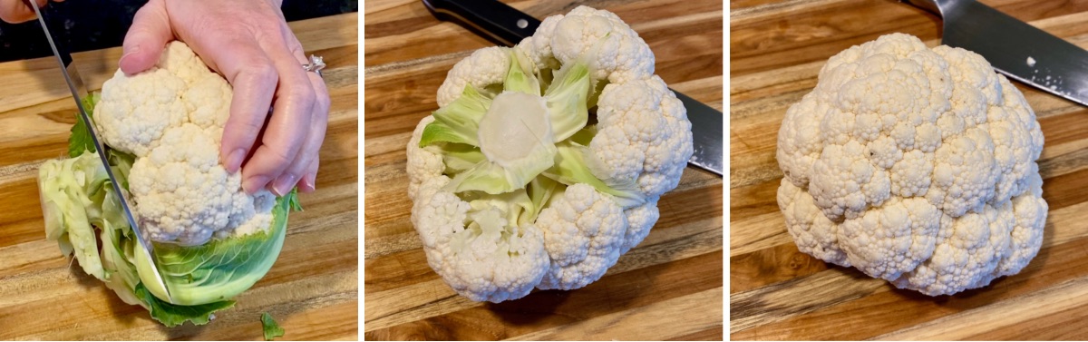 3 pictures side by side. First image shows knife slicing off stem. Second, shows the bottom head of cauliflower after it has been trimmed. Third it a top view of fully trimmed cauliflower head.