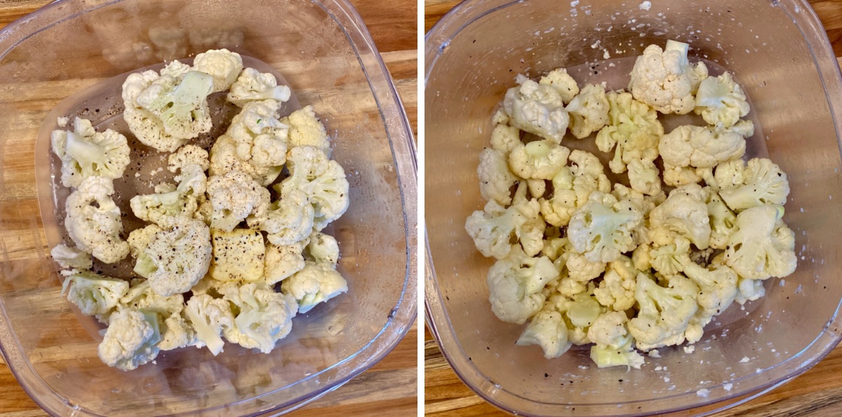 Two images side by side. Left: Top view of butter, salt and pepper added to cauliflower in a plastic bin.  Right:  Top view of cauliflower after mixing all the seasonings together.