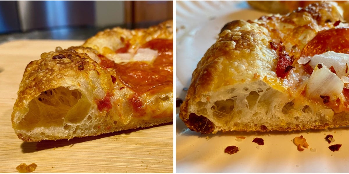 Side view of two pictures. Each showing the airy crust of a slice of pizza.