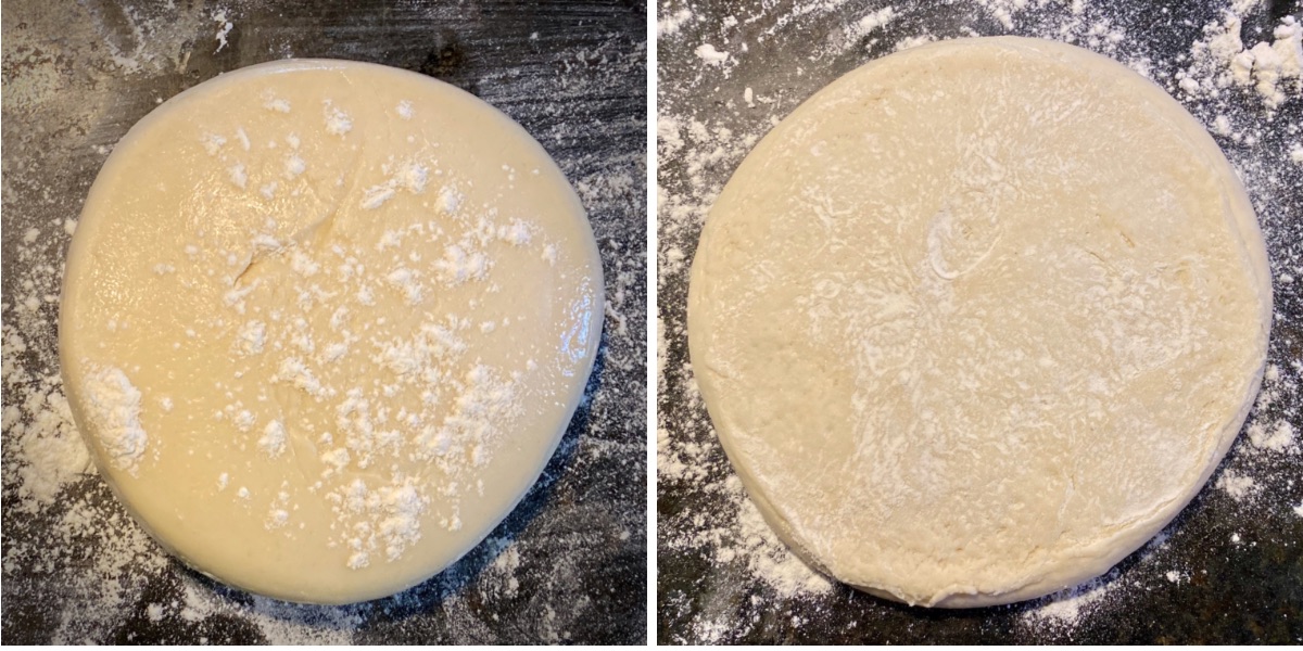 top view of two images side by side of pizza dough that has just been removed from their proofing containers. Image one has flour sprinkled on top and image two shows how the flour was spread around.
