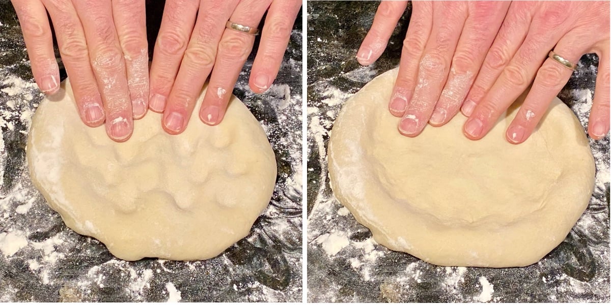 top view of two images side by side. Showing the steps on how to begin to stretch your pizza dough using your fingers.