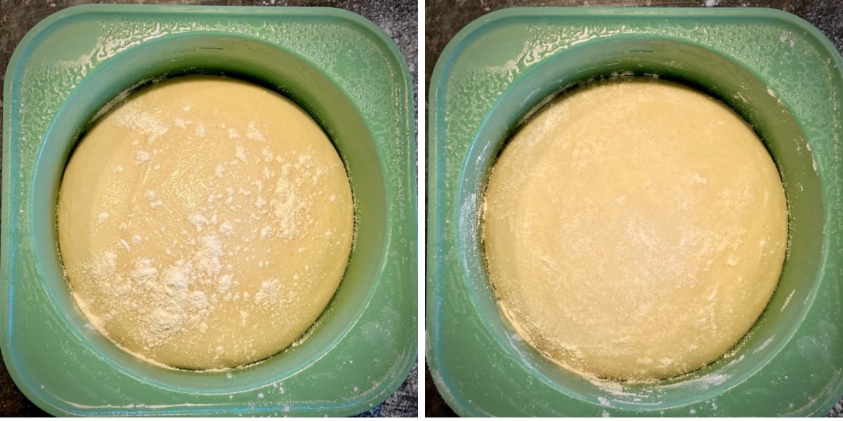 top view of two images of pizza dough in their proofing containers. side by side. Image one has flour sprinkled on top and image two shows how the flour was spread around the top.