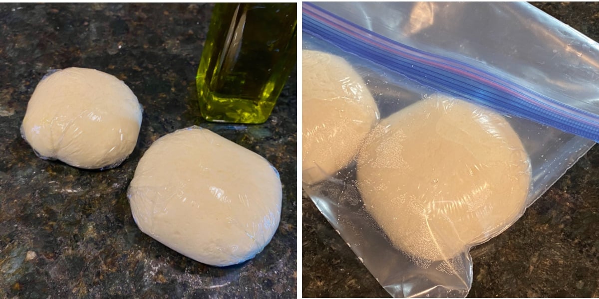 side by side images. Left side showing fresh pizza dough balls wrapped in plastic wrap. Right side shows wrapped dough balls in a freezer safe zip locked bag.