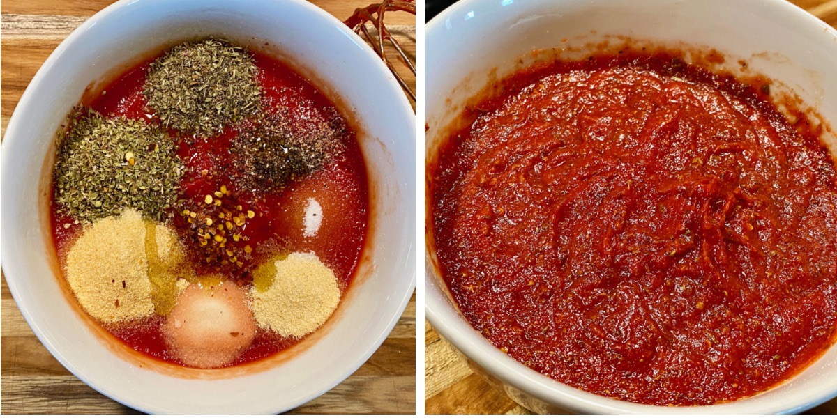 SIde by side images. Left side showing herbs and spices added to tomato sauce mixture. Right side showing all the spices thoroughly mixed together.