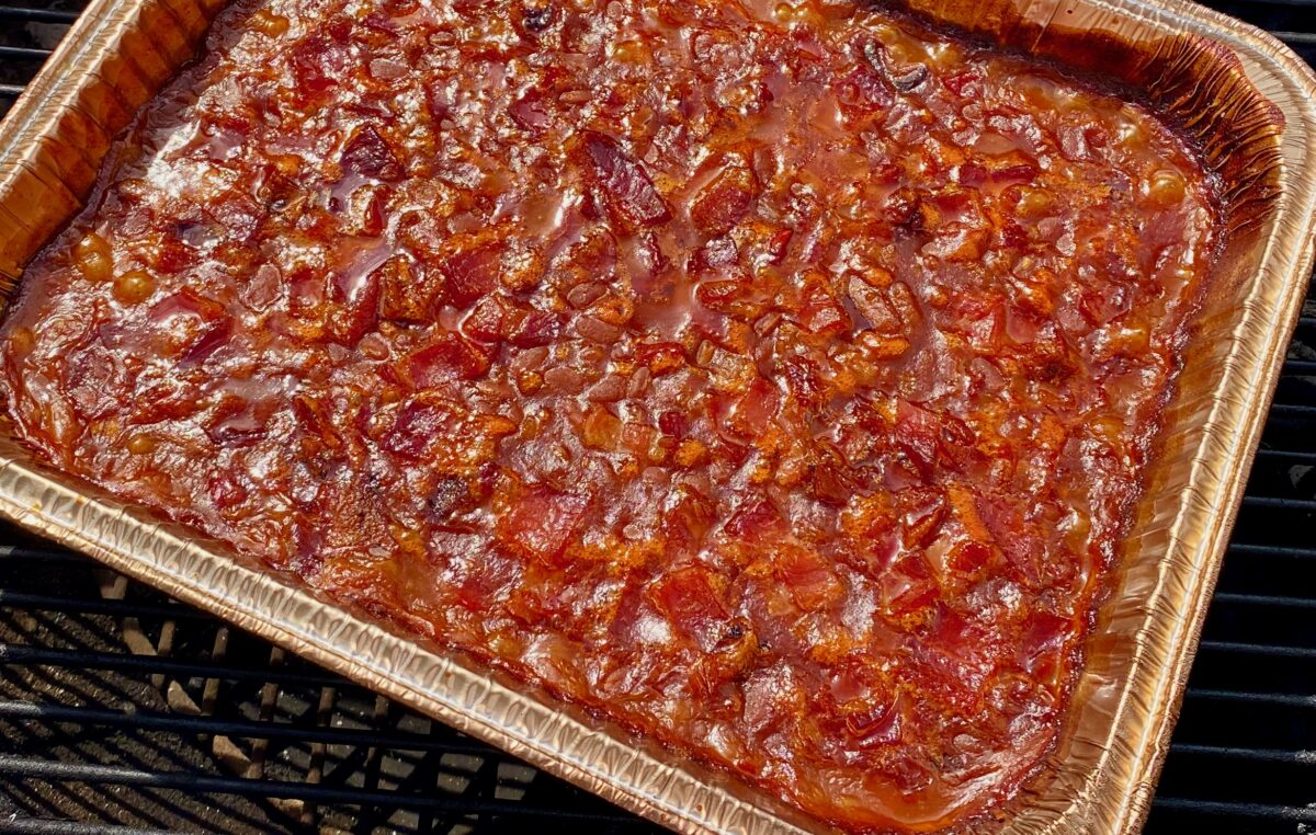 Finished pan of baked beans immediately removed from the smoker.