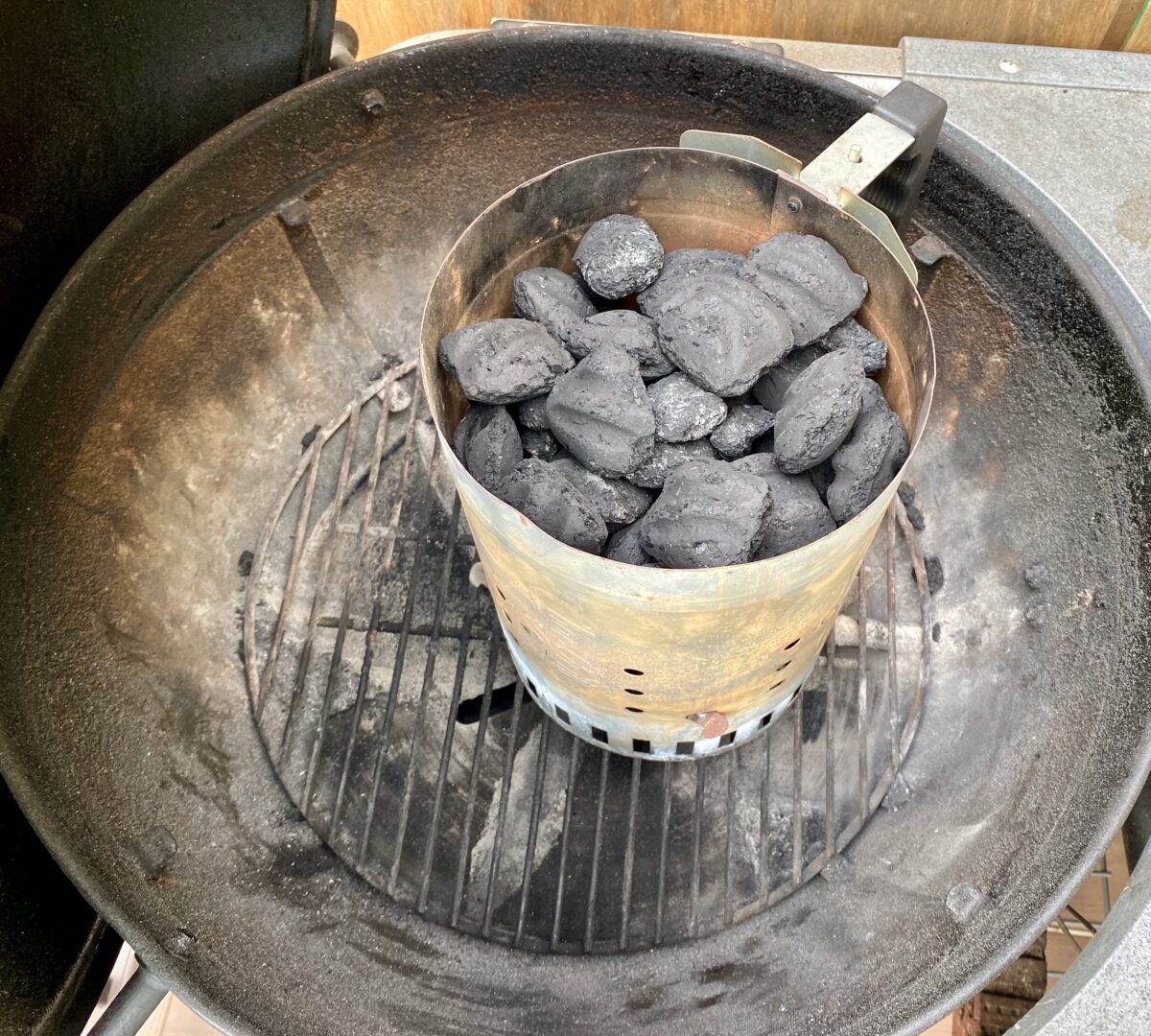 Charcoal added to a chimney starter.