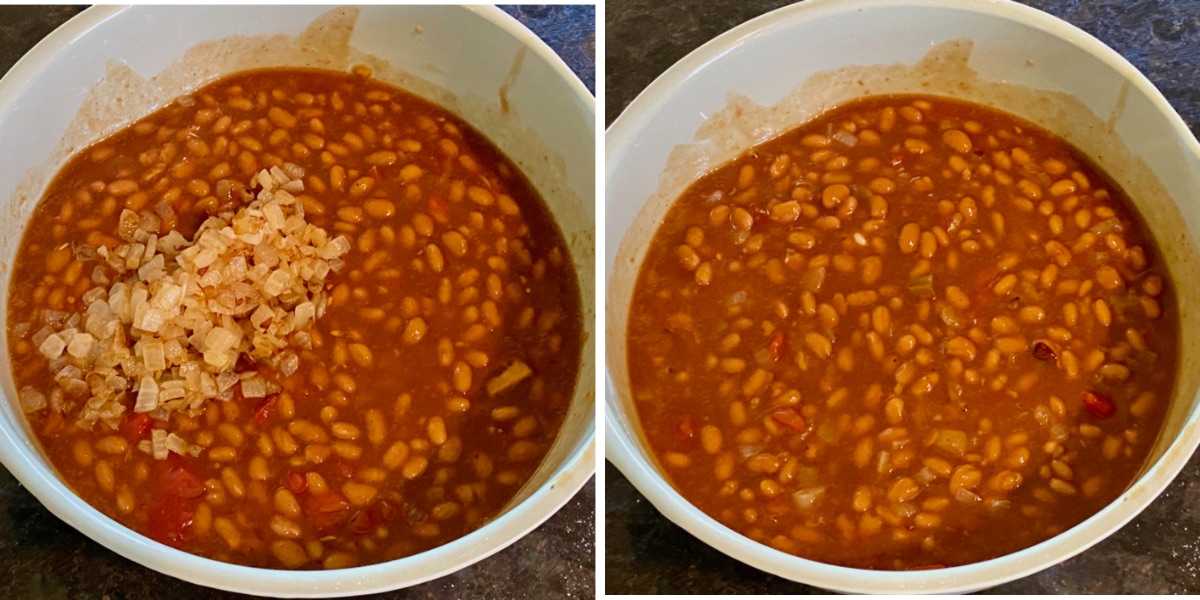Everything but the bacon added to the beans, then mixed.