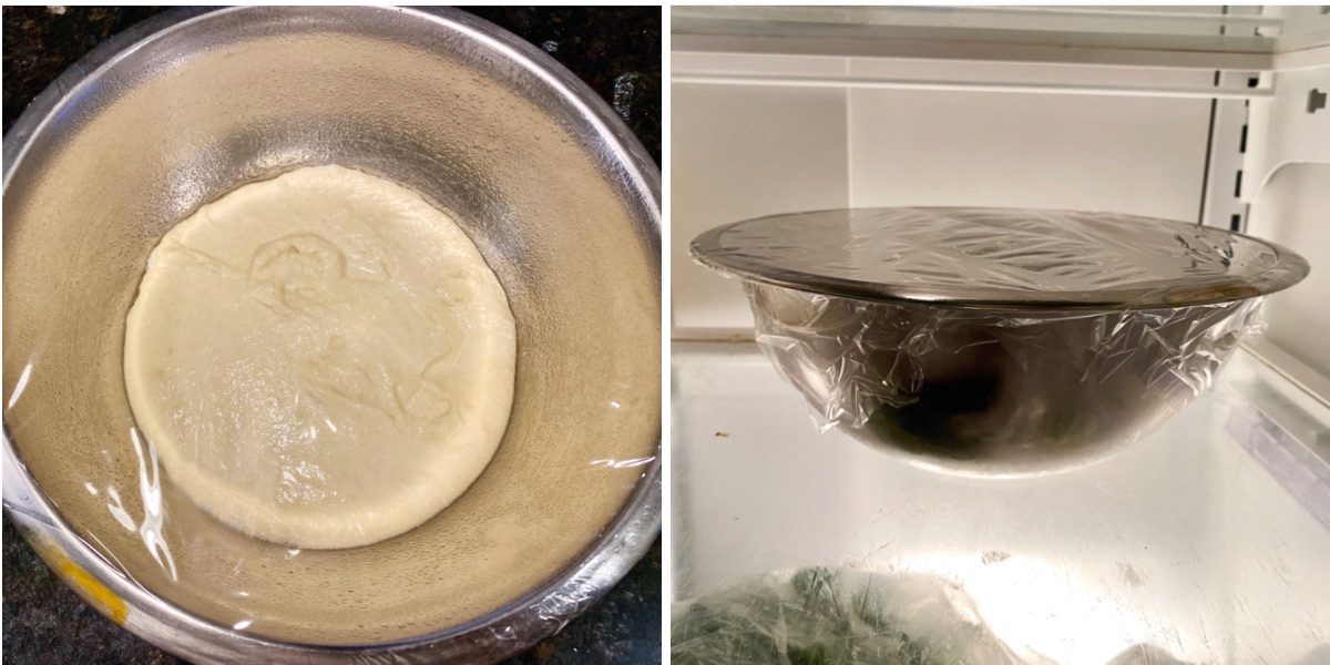 Left, top view of the dough ball in a bowl covered with plastic wrap. Right, the coverd bowl in the refrigerator.