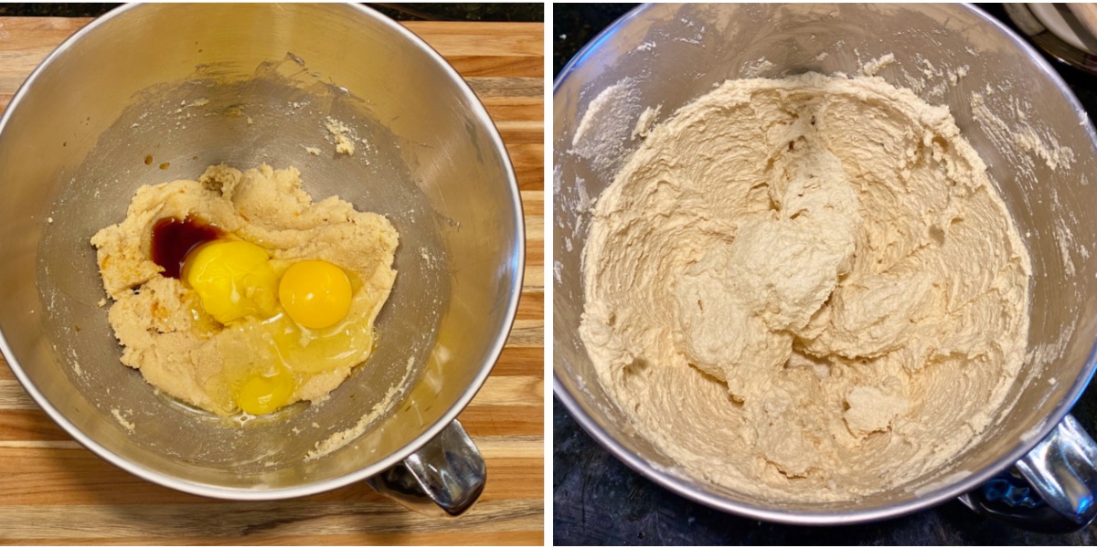 Left: Eggs and vanilla added to the mixing bowl. Right: after 2 minutes of mixing.