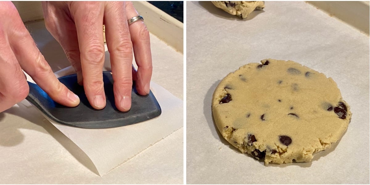 Flattening the dough balls. Left, a dough ball is covered with a square of parchment paper. Phil presses downward until the cookie is about ½" wide. Right, the cookie after flattening.