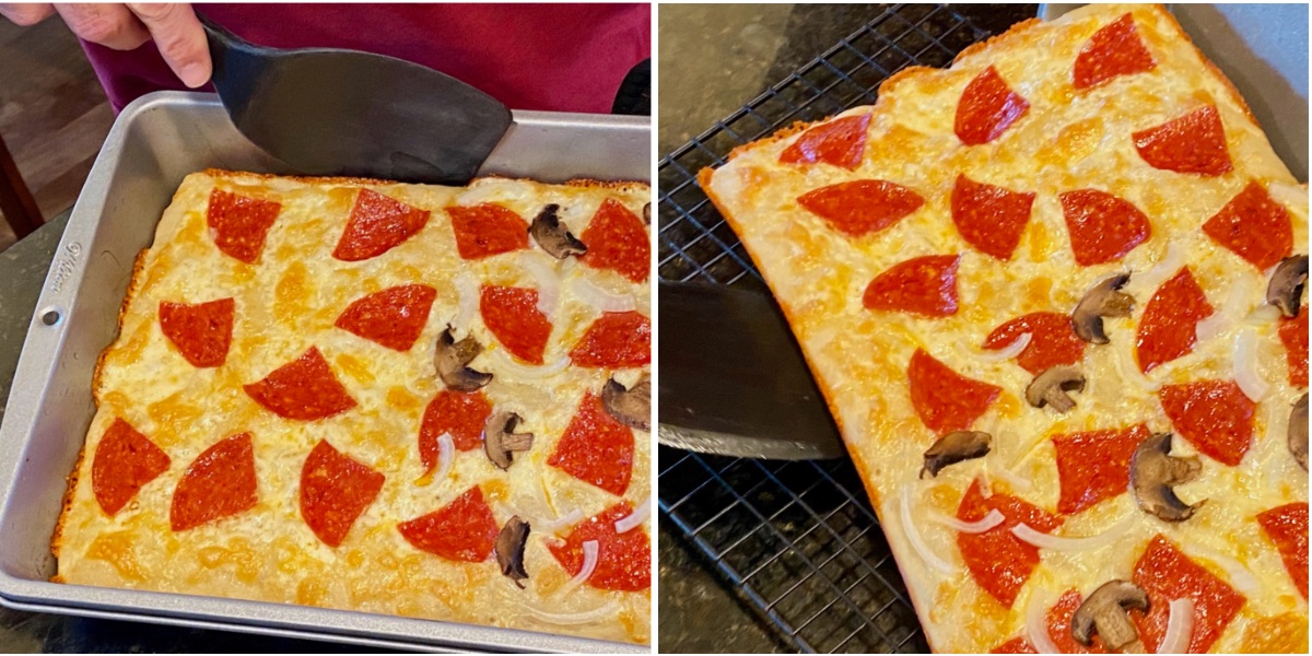 Left, removing pizza from the pan by running a spatula around the edges and underneath. Right, placing the pizza onto a wire rack to cool.
