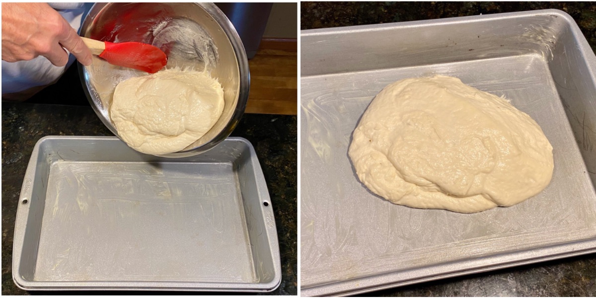Left, scraping the dough into the prepared pizza pan. Right, the dough in the pizza pan ready to be stretched.