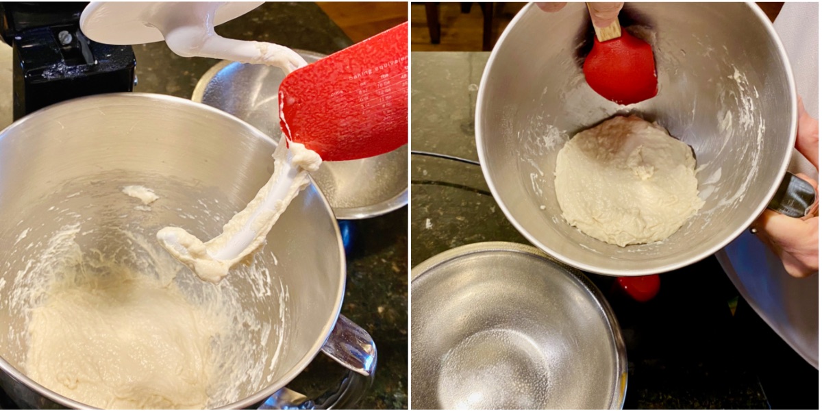 Left, scraping dough off the dough hook and (right) sides of the mixing bowl with a silicone spatula.
