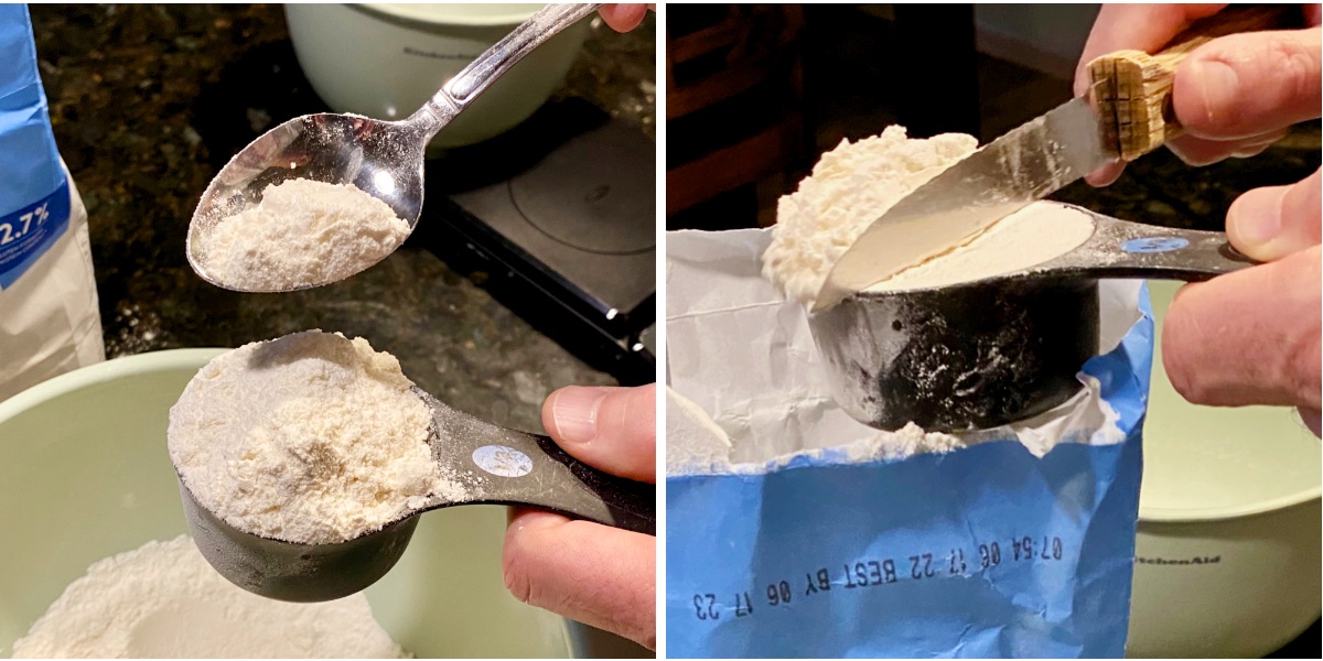 On the left, spooning flour into a measuring cup until it's overflowing. On the right, using a knife to evenly scrape the excess flour off the top of the measuring cup.