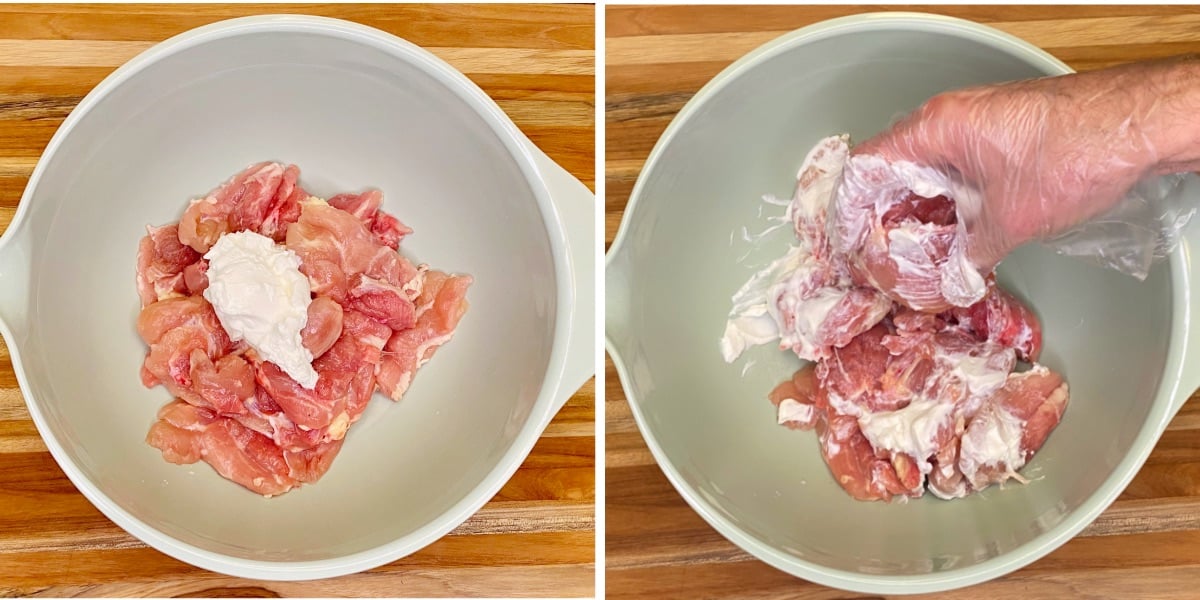 Mixing chicken thighs with plain Greek yogurt. Left, the chicken in a mixing bowl with the yogurt dolloped on top; Right: mixing the yogurt into the chicken with gloved hands.