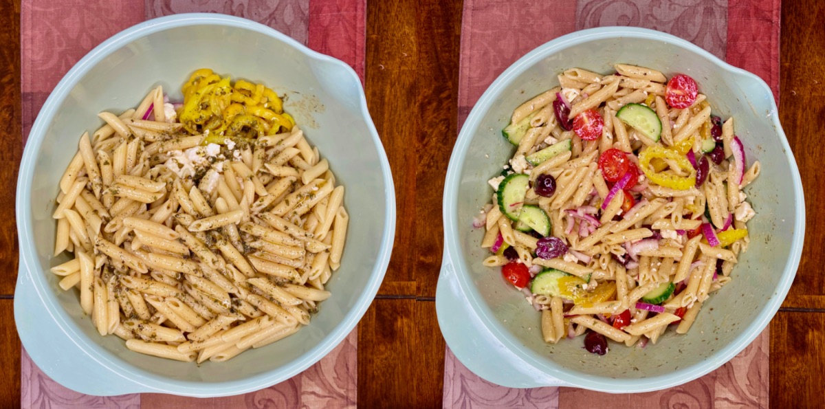 Left: the pasta and dressing have been added to the mixing bowl. Right: all ingredients are now thoroughly mixed.